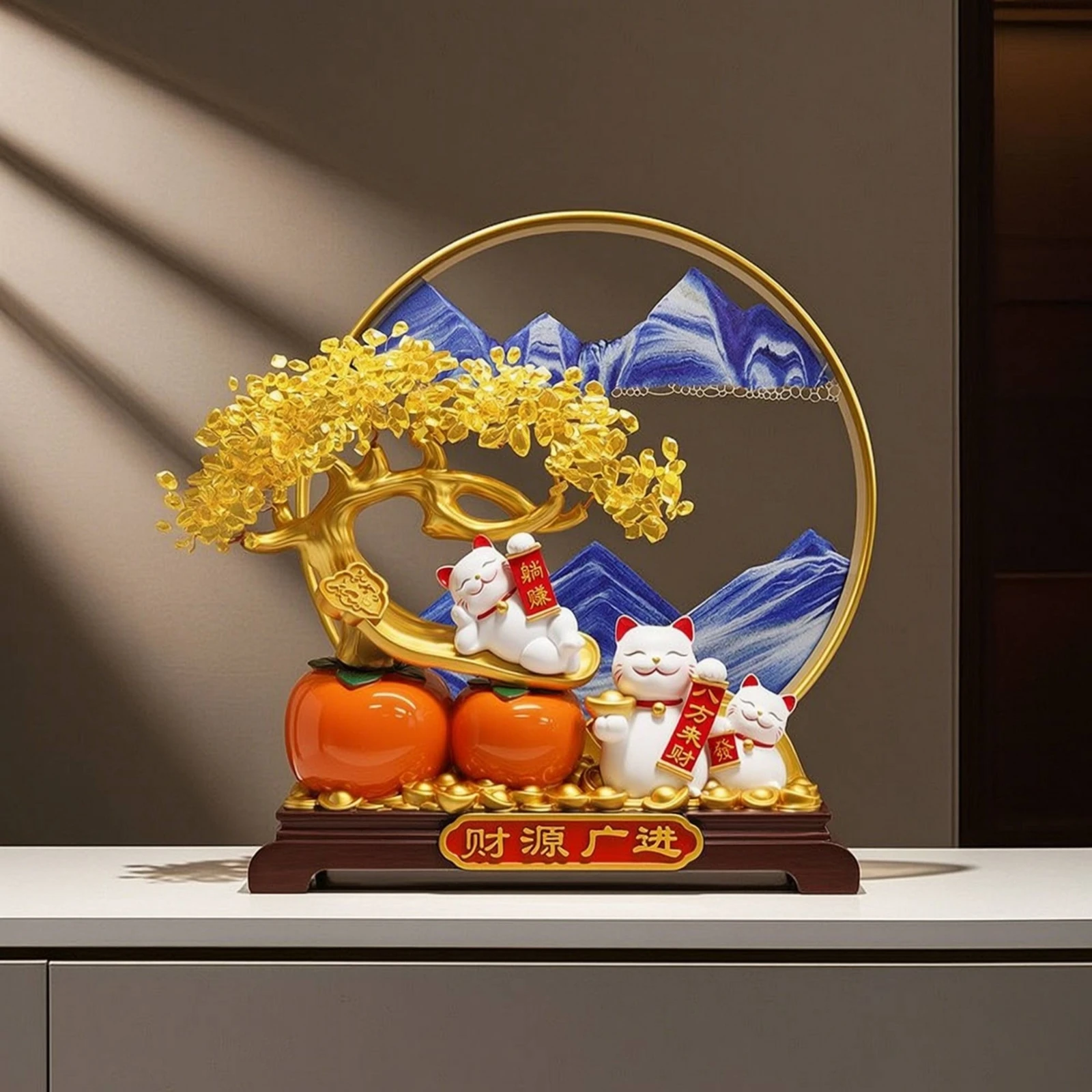 Auspicious Cat Ornament with Metal Frame Auspicious Sand Painting Ornament Cat Figurine Decorative Tabletop Decor Compact