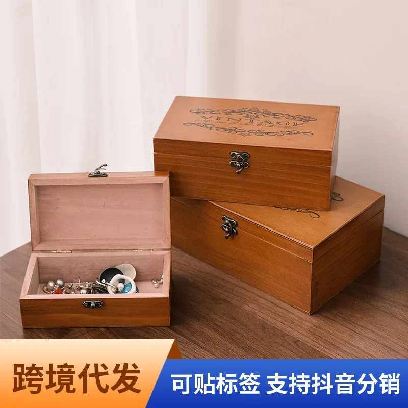 Retro solid wood desktop sundries cosmetic storage box, creative jewelry box lock box home zakka small wooden box