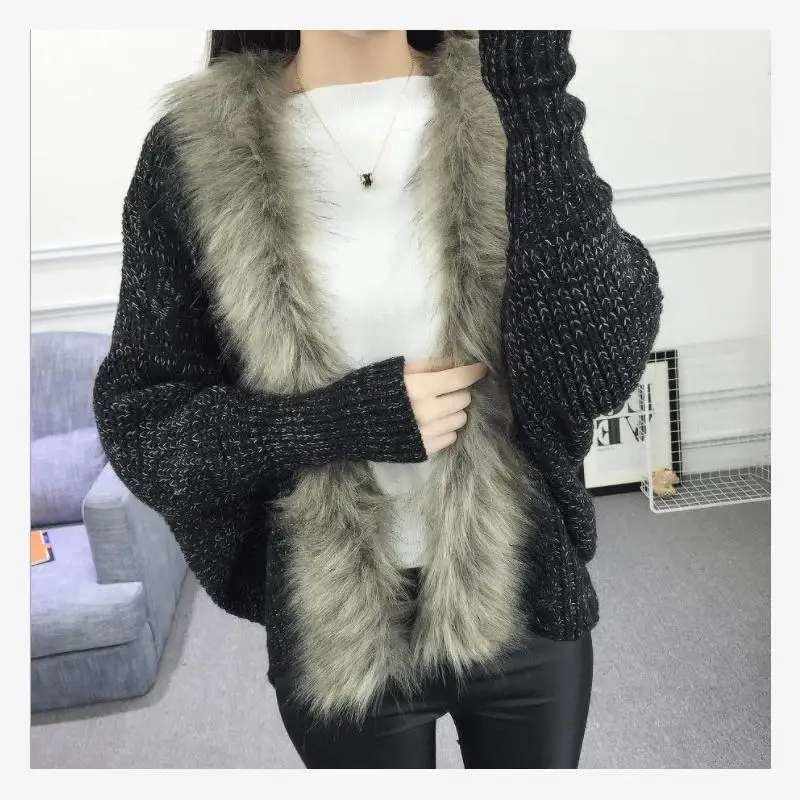 

Women's Knitted Cardigan Sweater with Fur Collar Open Front Sle Street Faion Spring 2024 Regular Length Outerwear
