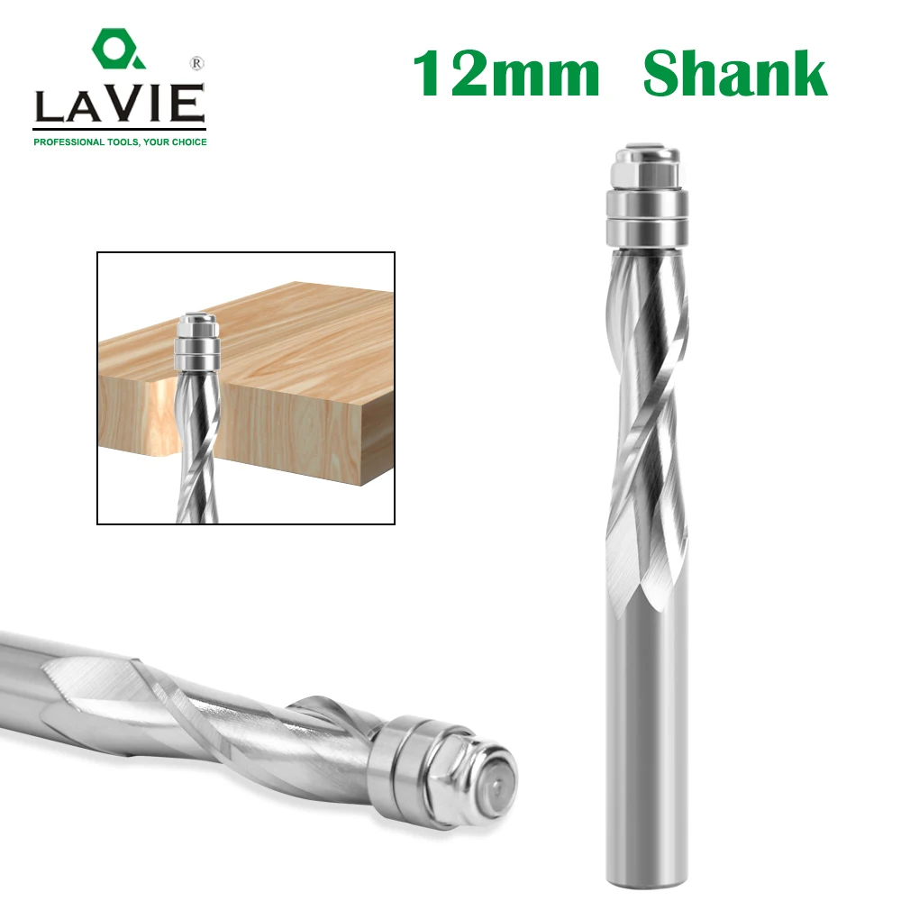 

LAVIE 1PC 12mm Shank Flush Trim Solid Carbide Spiral Top Bearing CNC Router Bit Up-cut End Mill Bit Face Wood Milling Cutter