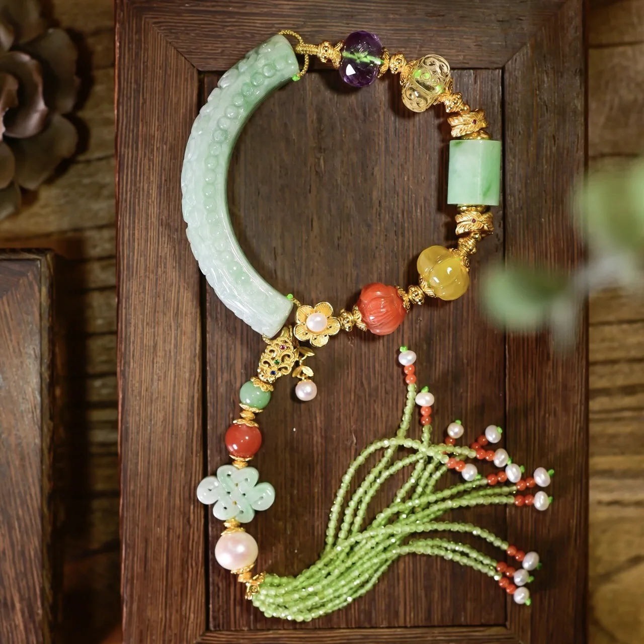 

Natural Grade-A Jadeite Bangle Bracelet, Amber & Red Agate with Removable Peridot Tassel Pendant, Versatile Chinese Jewelry