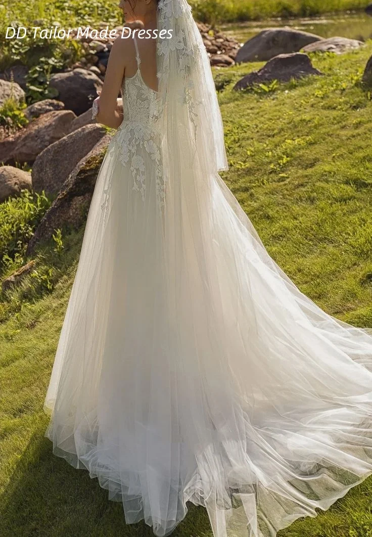 Fairy Garden ชุดแต่งงานดอกไม้ลูกไม้ Appliques A-Line Ivory Tulle ชุดเจ้าสาวยาวสายรัดแขนกุด vestidos ที่กําหนดเอง