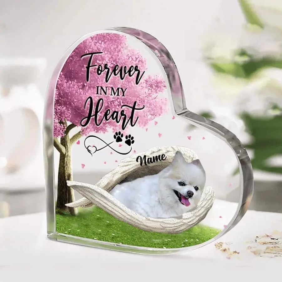 Personalized Pomeranian Sleeping Angel Acrylic Heart Shaped Plaque, Dog Remembrance Keepsake Desk Heart Decor, Memorial Gifts for Loss of Dog