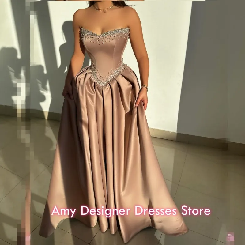 

Modest Evening Dresses 2026 Beading Crystal Satin A Line Party Dress Sweetheart Arabic Dubai Prom Gowns Customized