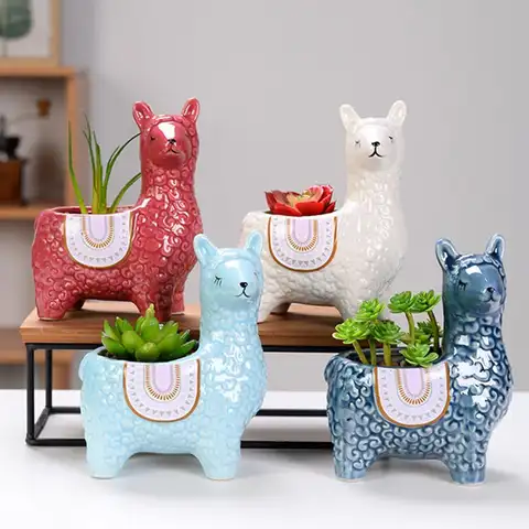 Alpaca Shape Flowerpot Cute Ornamental Ceramic Animal Micro Vase Flower Plant Holder Planter Pot for Home