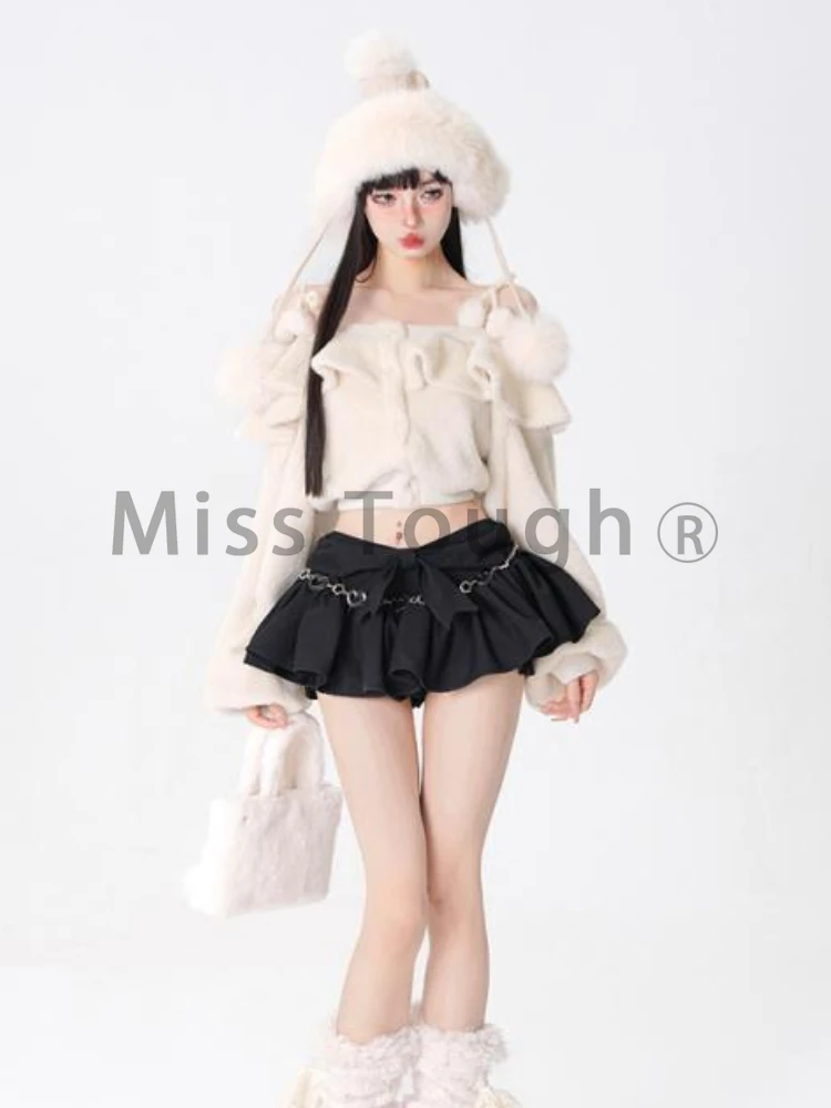 2024 Winter Korean Y2k Skirts Suit Women Japanese Sweet Sexy Two Piece Set Casual Off Shoulder Blouse + Black Party Mini Skirt