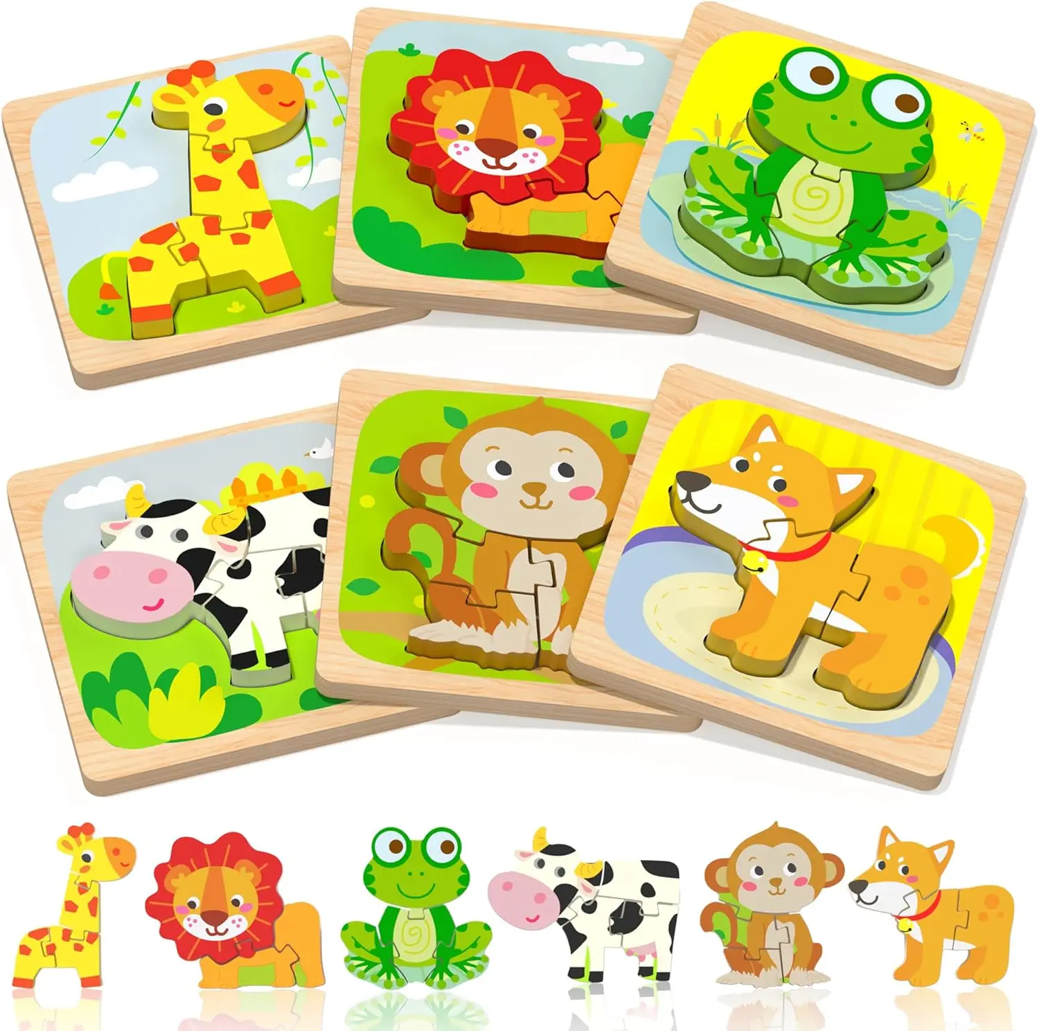 

Wooden Toddler Puzzles 6-Pack Animal Montessori Toys for 1-3 Year Old Boys Girls Learning Educational Preschool Gift