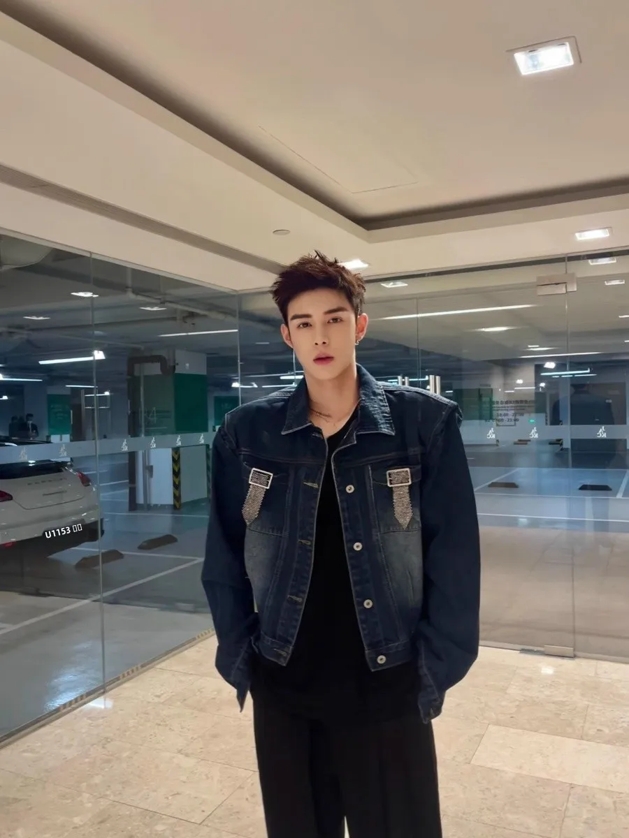 

Spring Autumn New Sle Men's Loose ort Svel Jeans Jaet Diamond Embedded Casual Loose Fit Korean Version Top