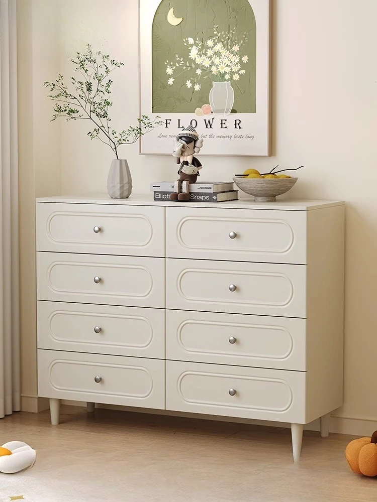 

Cream wind solid wood eight-bucket cabinet, modern simple household drawer cabinet, integrated bedroom against the wall, bedside