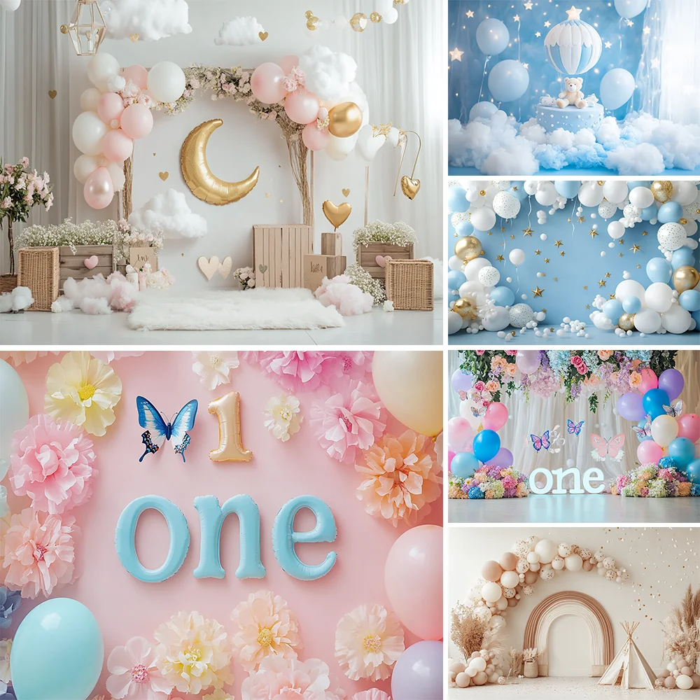 

Blue Arched Balloons Baby Shower Backgrounds For Photographs Soft Clouds Golden Stars Birthday Decorations Kid Portrait Backdrop