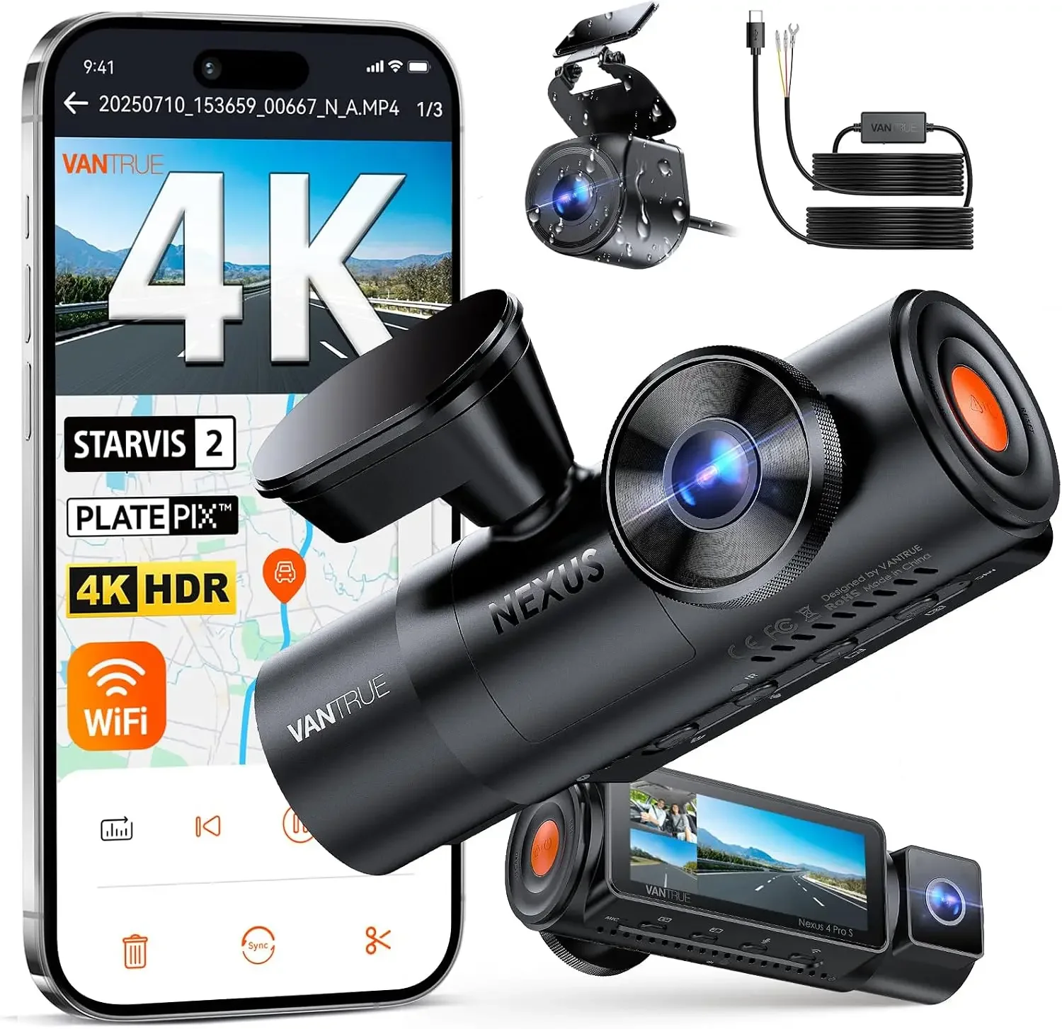 [Bundle-2 Items: N4 Pro S 4K 3CH & Hardwire Kit] STARVIS 2, 4K+1080P+2.5K Front Inside Rear Dash Camera, Night Vision, 24Hrs Par