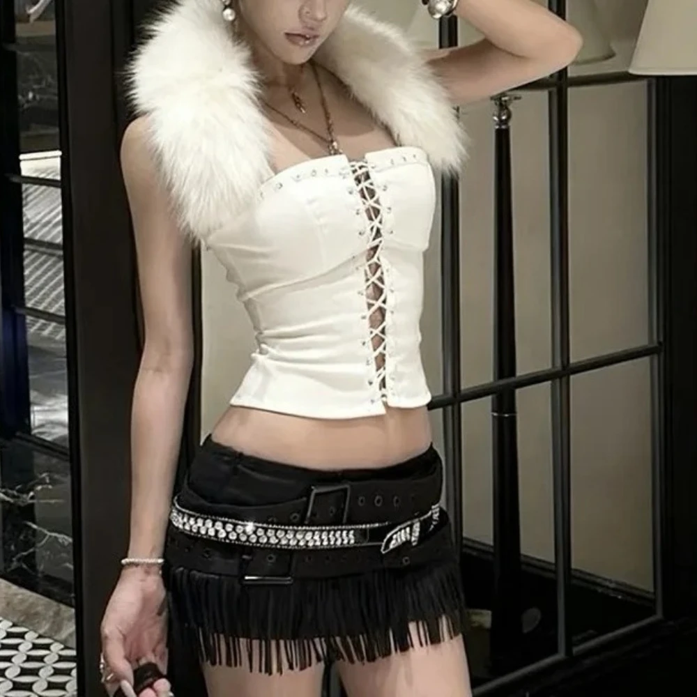 

Женская мода с меховым воротником в стиле пэчворк, футболки на шнуровке, без бретелек, с открытой спиной, тонкий корсет, топы на бретелях, повседневные уличные футболки