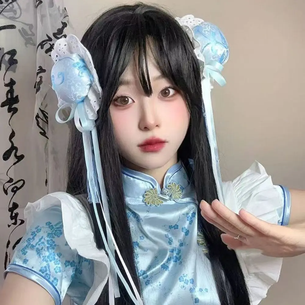 Lace Bow Chun-Li Hair Bun Clip Cloth Ruffle Bowknot Tassel Hair Clip Hair Accessories Duckbill Clip Chinese Style Hairpin