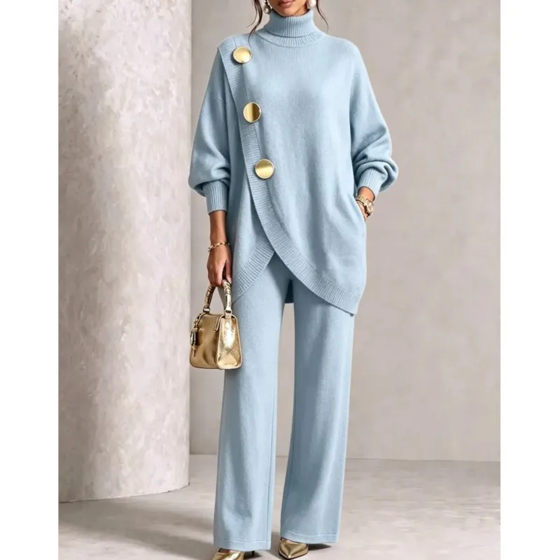 Warm Knit Two-piece Set Women's Autumn Winter High Neck Pullover With Pants Suit Fashion Irregular Hem Button Decoration Outfit