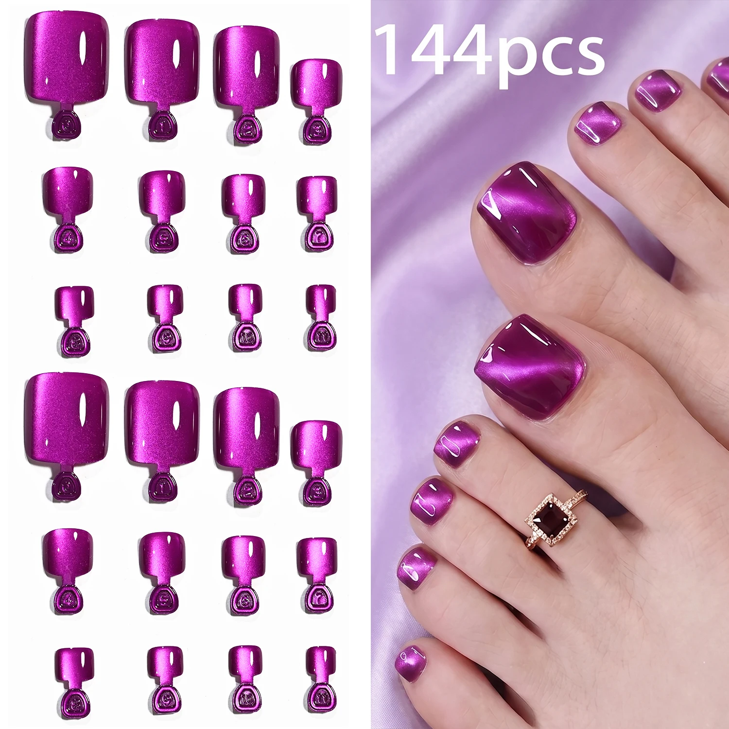 144Pcs Violet Purple Cat Eye Press On Toenails Short Square Fake Toe Nail Cat-Eye False Foot Nails for Daily Home Salon Manicure