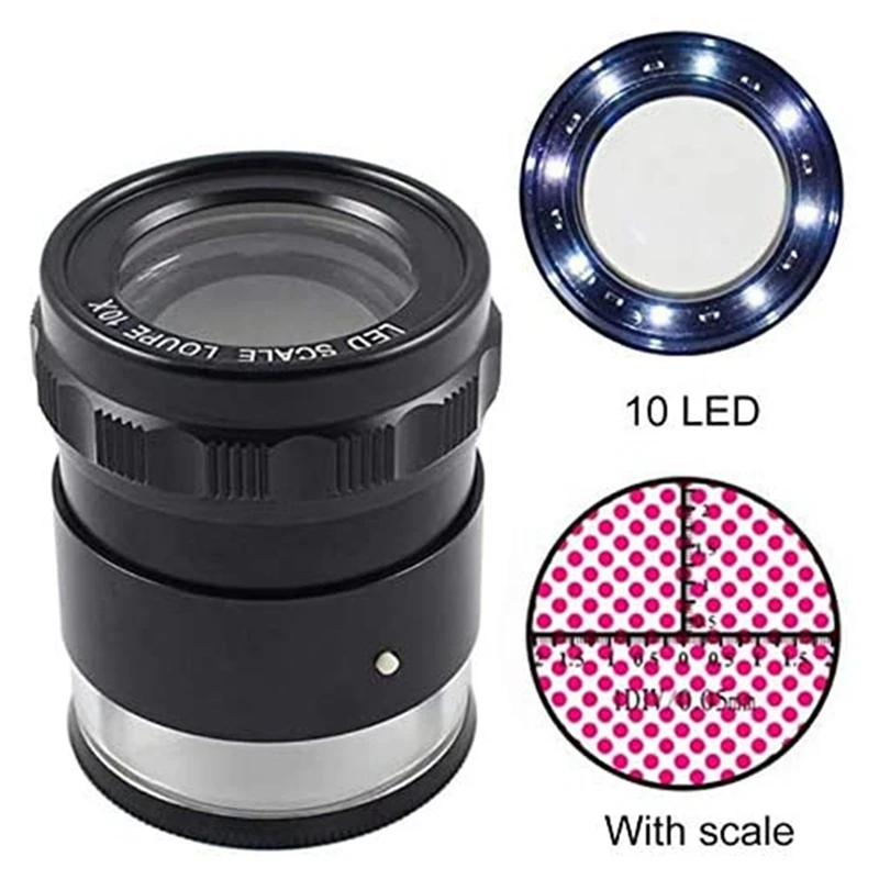 LED Scale Loupe 10X Illuminated Desktop Magnifier Metal Detachable Reticle Coated Optical Glass Lens Focus Adjustable