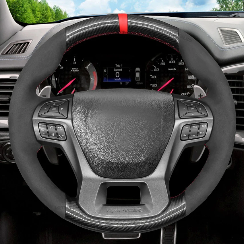 Black Faux Carbon Suede Car Steering Wheel Cover For Ford Ranger Raptor 2019 2020 2021 2022 2023