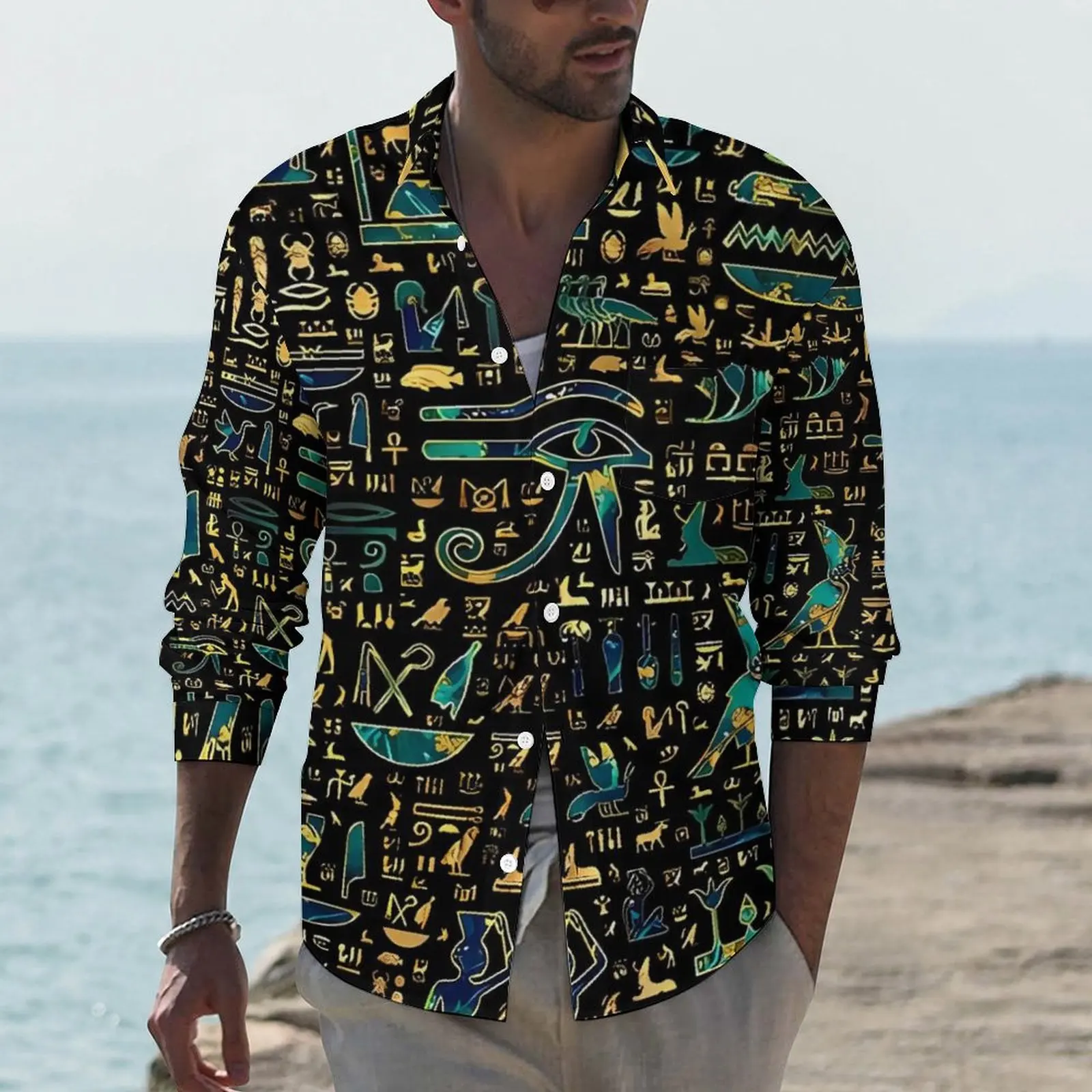 Ancient Egyptian Art Casual Shirts Male Marble and Gold Shirt Long Sleeve Trending Y2K Blouses Autumn Print Clothes Big Size 4XL