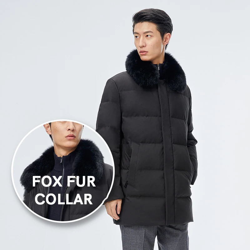 Chericom Men's Medium Long Thickened Down Jacket Removable Fox Fur Collar Windproof Waterproof Warm Solid Color Coats 289681