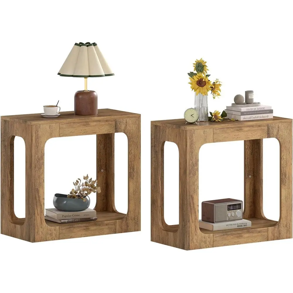 

2-Tier Oak Nightstand Set with Open Storage for Bedroom or Living Room Small Spaces