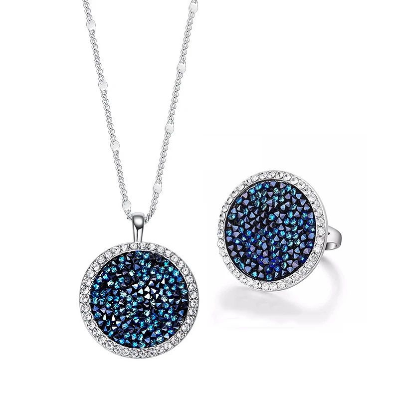 

Blue Crystals Jewelry Sets Rhinestones Round Pendant Necklace Maxi Ring Silver Color Finger Accessories For Women Friends Party