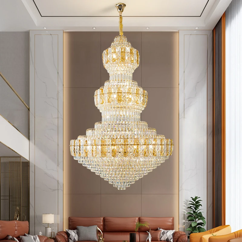 Large Multi-Layer Crystal Chandelier, Staircase Gold Pendant Light, High-Ceiling Lobby Living Room Lighting, Home Decor Lamp