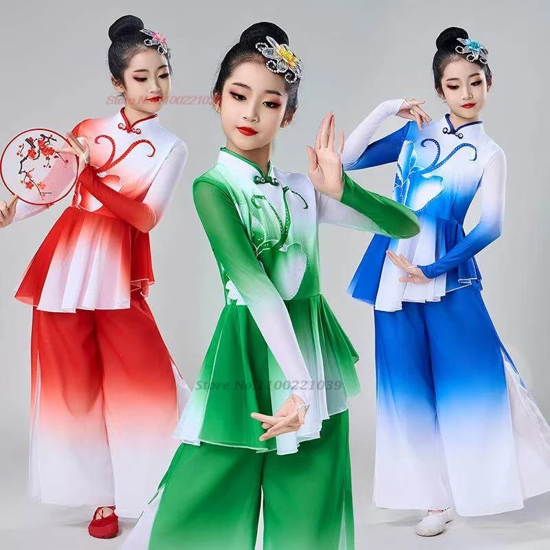 

2026 chinese children dance dress retro gradient color qipao dress+pants set traditional stage performance folk dance cheongsam