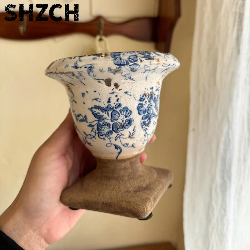 French Retro Ceramic Pot for Plants Rustic Planter with Drainage Hole, Vintage Ice Crack Flower Pot Vase for Indoor & Garden