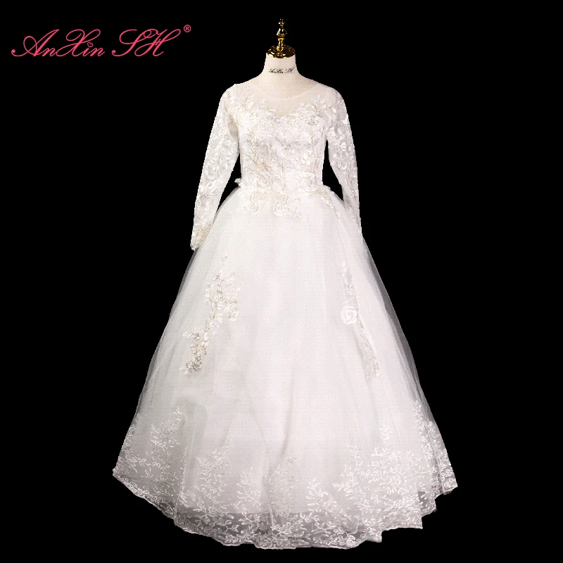 

AnXin SH princess champagne rose flower white lace o neck long sleeve illusion lace up simple ball gown bride wedding dress