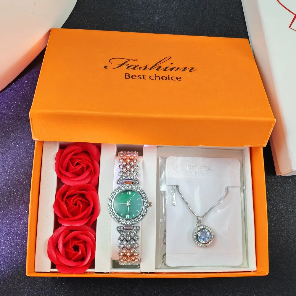 

Модный женский роскошный комплект часов с подарочной коробкой, женские модные кварцевые наручные часы с бриллиантами, наборы подарков на день Святого Валентина, relojes