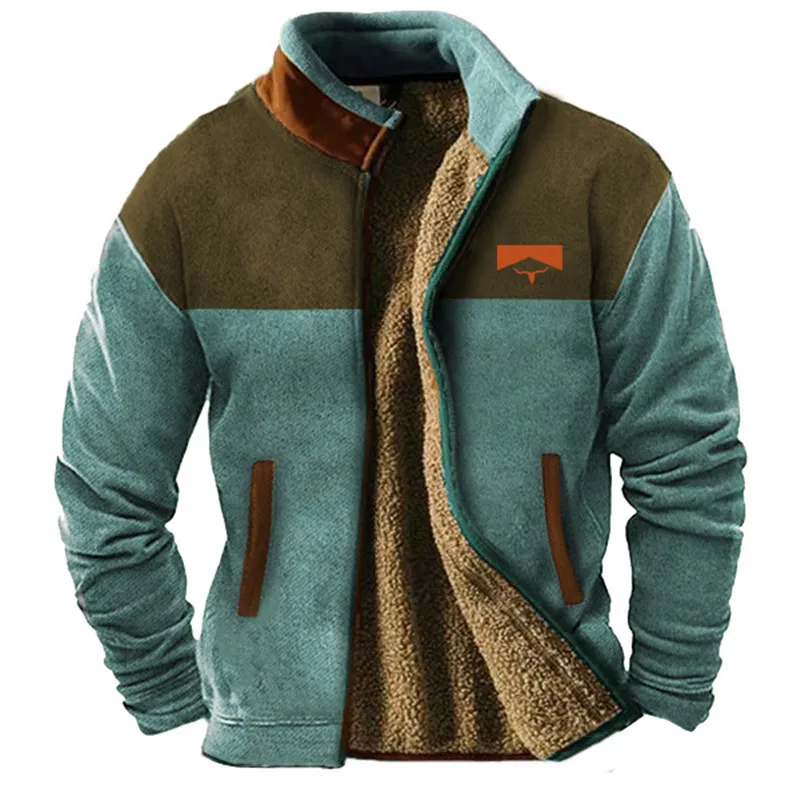 Holiday Warm Coat Blue Brown Standing Collar Wool Winter Design Graphic Tribal Retro Men\'s Everyday Casual Comfort Zippered