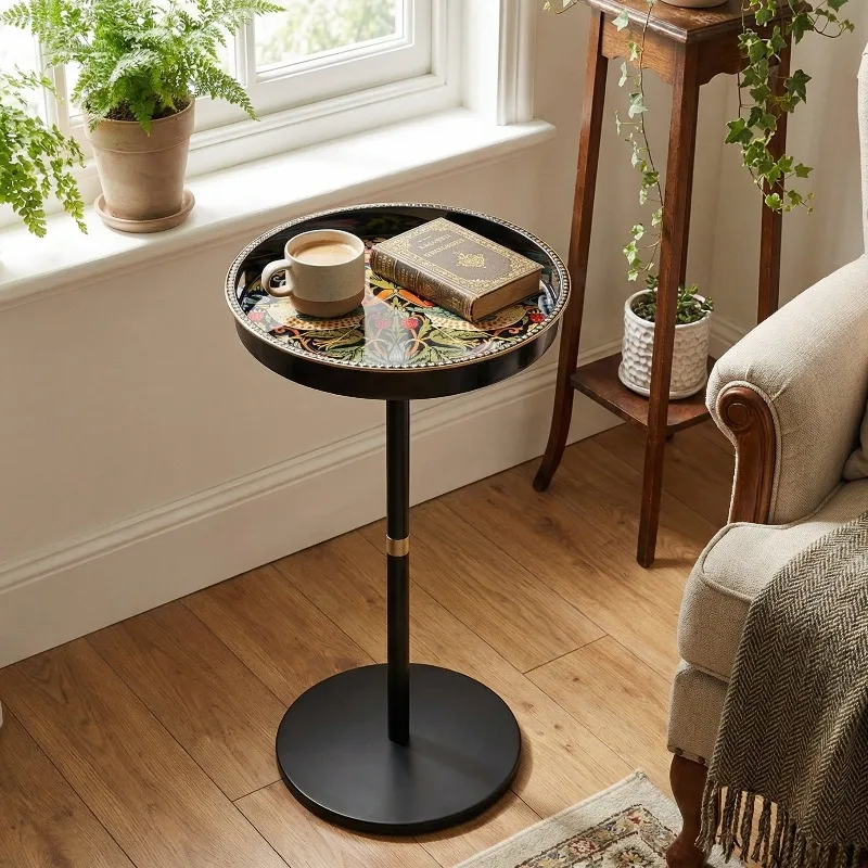 Round Tray Table Beech Wood Legs Strawberry Thief Pattern Anti-Spill Raised Edge Sofa End Table Living Room Home Decor