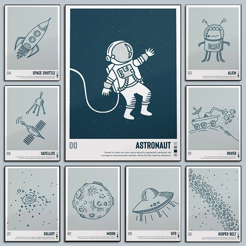 Minimalist Satellite Space Cartoon Posters Astronaut Shuttle Alien Galaxy Prints Canvas Painting Wall Picture Home Nursery De