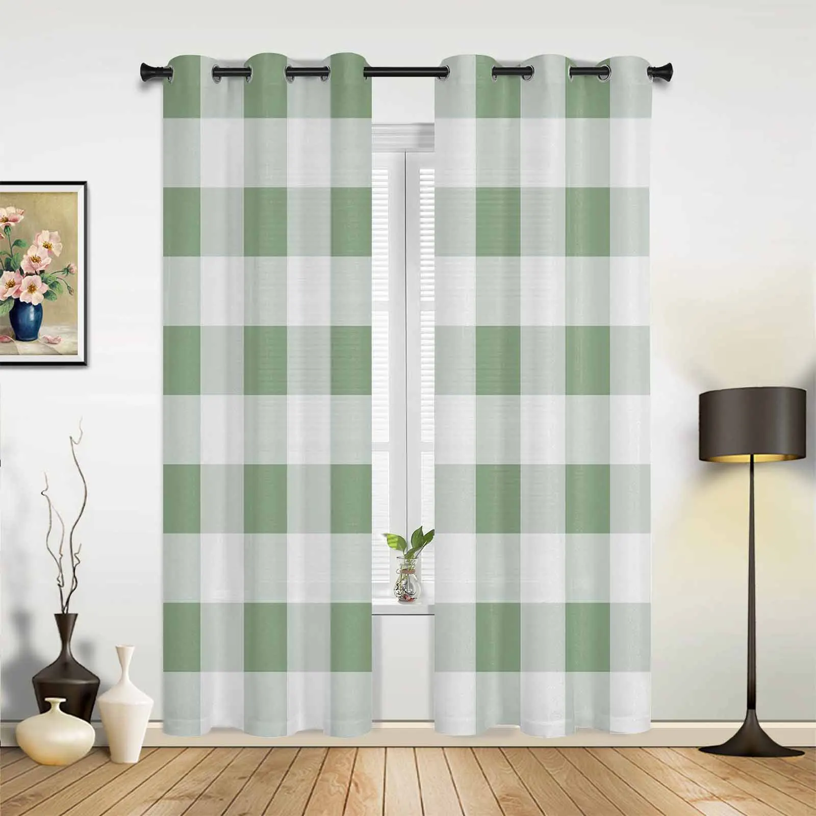 Sage Green Checkered Pattern In Spring Modern Hall Curtains for Living Room Bedroom Window Curtains Panels Drapes