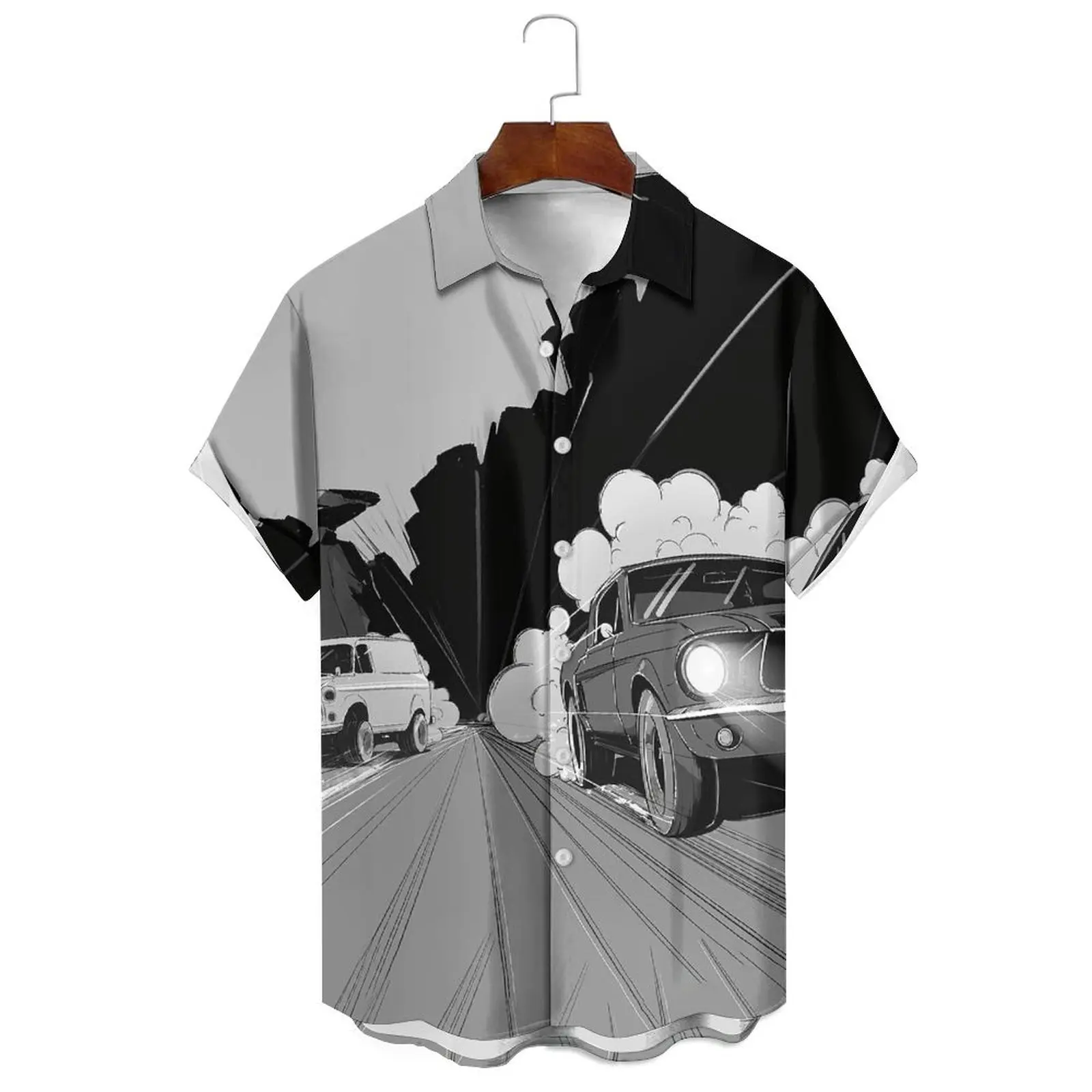 Summer Men's Breathable Trend Simple Cartoon Black And White Comic Style Unilateral Print Loose Lapel Short-Sleeved Shirt