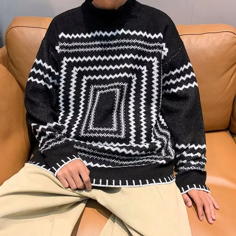 

Вязаный свитер большого размера с геометрическим узором для мужчин, повседневный свитер для пар, зимняя мода, бейсбольный воротник, длинный све, свободный крой