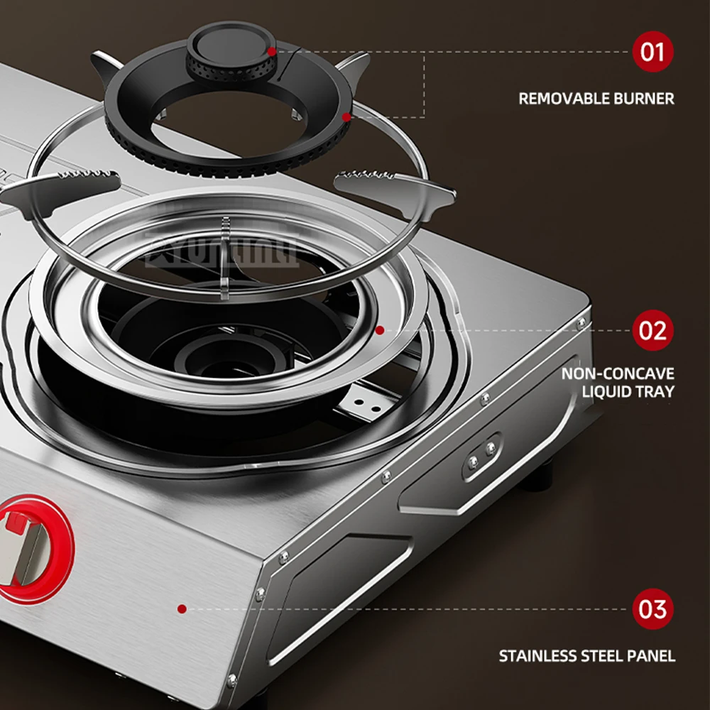 주방 조리기 데스크탑 가스 스토브 2 버너, 가정용 스테인레스 스틸, 강한 화재, 액화 더블 버너 가스 스토브