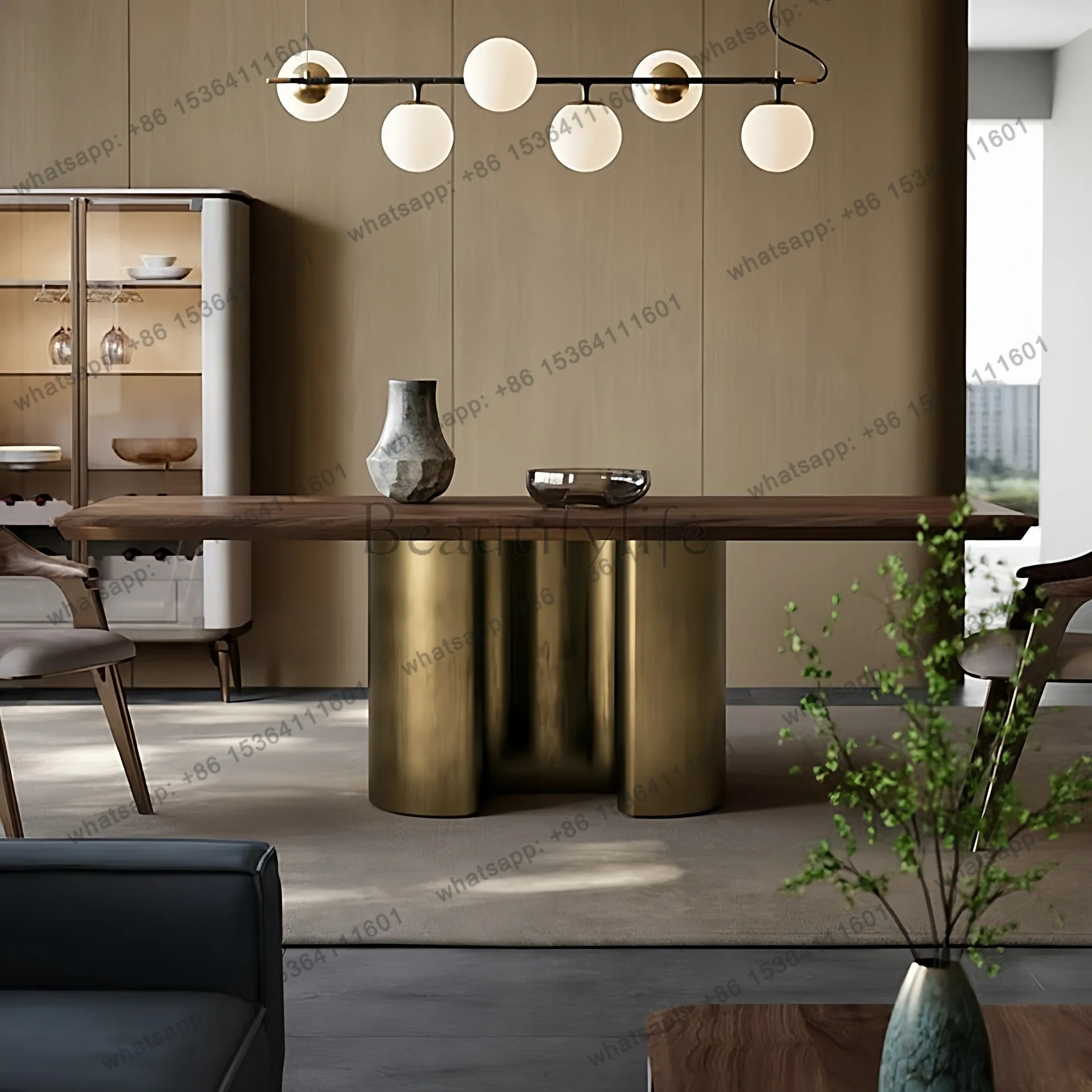 Modern Light Luxury Black Walnut Dining Table Villa Large Flat Floor Restaurant Natural Marble