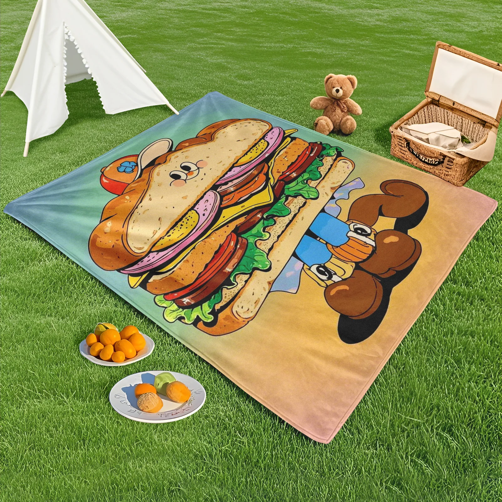 Anthropomorphic Sandwich Design With Hat Shoes And Colorful Theme Outdoor Blanket For Camping Beach Picnic Cozy Decor Gift Idea