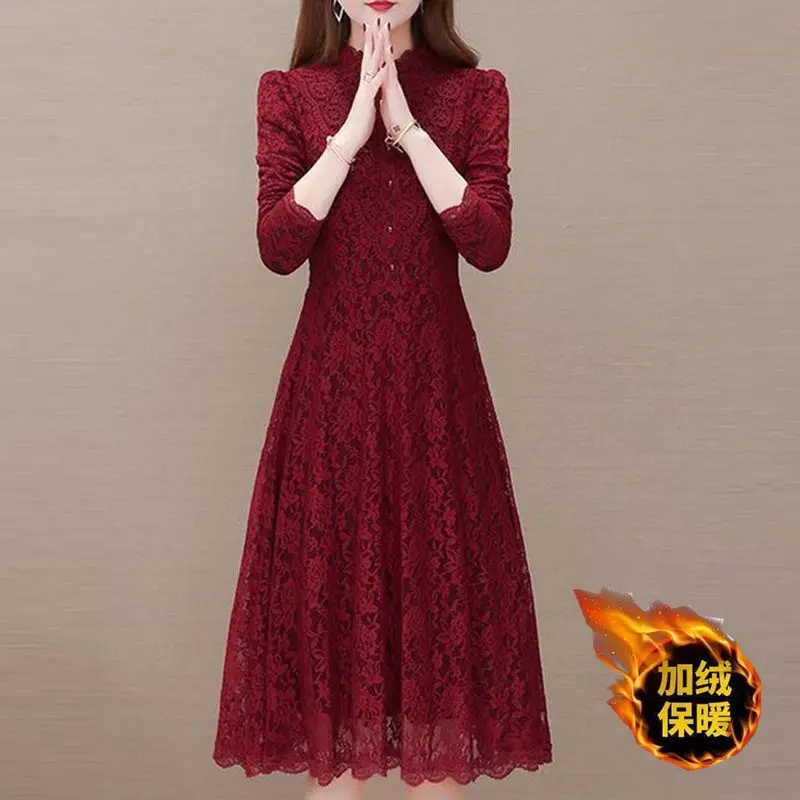 2023 Winter Women's New Fashion Half High Neck Lace Bubble Sleeves Solid Color Thickened Dress Fashion Casual Versatile Dress