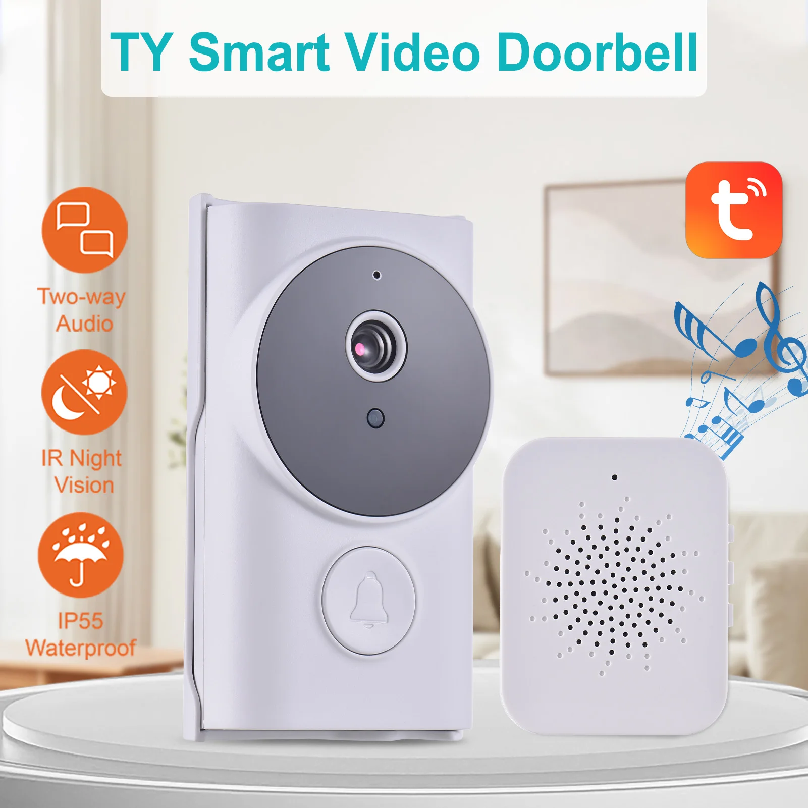 

WiFi Smart Doorbell Ring Door Camera with Chime TY App Control Infrared Night Viewing Rechargeable Video Intercom Doorbell 2-Way