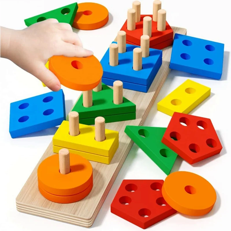 Montessori teaching aids wooden geometric shape columns five sets children cognitive building blocks matching educational toys