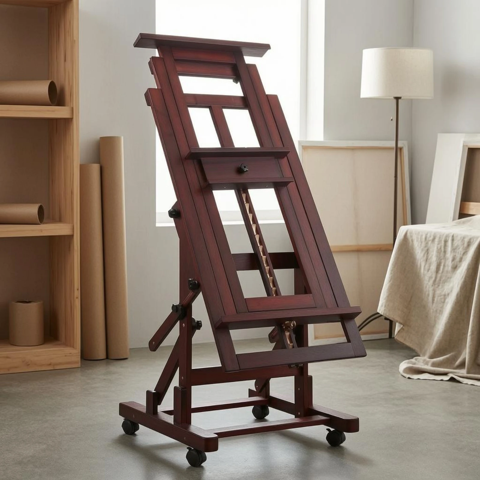 Rolling Studio Easel Horizontal and Vertical Adjustable Large Easel Art Supplies Solid Wood Wheeled for Artists, Gallery Display