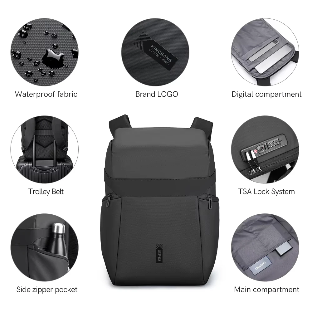 Kingsons Backpack For Men 15.6 inch Laptop 2025 New TSA Lock Anti-theft Waterproof 180° Open Up College Student Boys School Bag