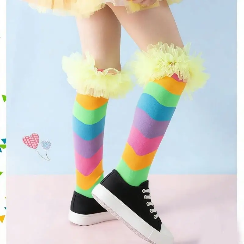 97BC 2Pcs Colorful Streaked Socks Elastic Top Slip-resistant Design Knee Length Socks