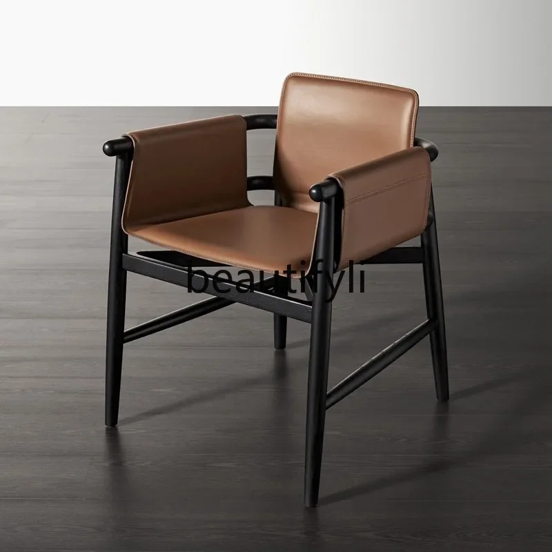 Nordic solid wood saddle leather chair imported ash wood will be simple modern balcony backrest dining chair