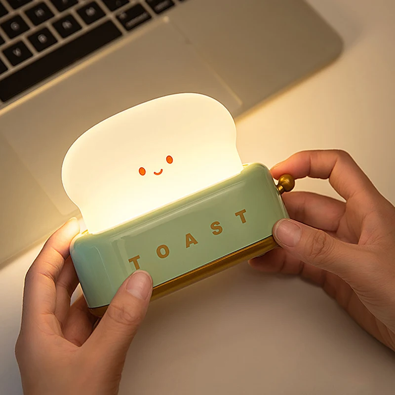 Cute Smile Face Toaster Night Light Rechargeable Dimmable Toast Shape Bedside Lamp Creative Desktop Decor Bedroom Room Gift