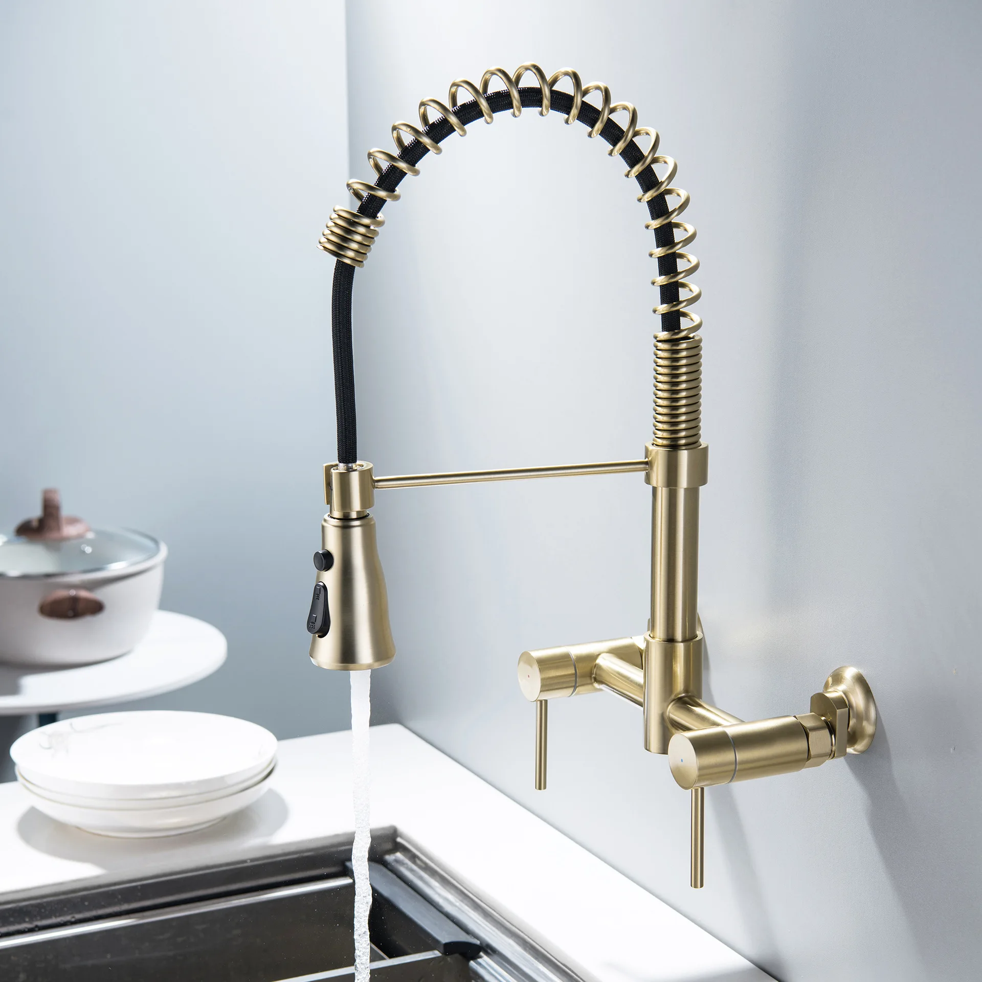 Newest Brass Kitchen sink faucet Wall Mounted Black Pull Down Spring Kitchen mixer Tap with sprayer Cold hot water 2 Handles