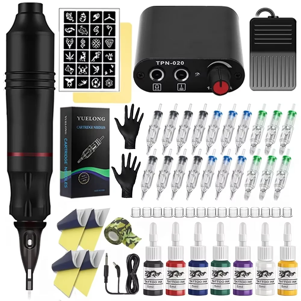 

Complete Tattoo Machine Pen Kits Cartridge Tattoo Machine Gun with Power Supply Mixed Cartridges Needles Ink Tattoo Artist Kit