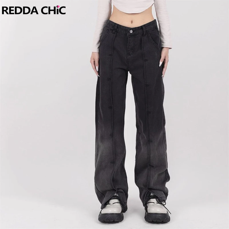 

REDDACHiC Black Patchwork Women Boyfriend Jeans Retro Y2k Gradient High Rise Trousers Casual Wide Pants Grunge Harajuku Clothes